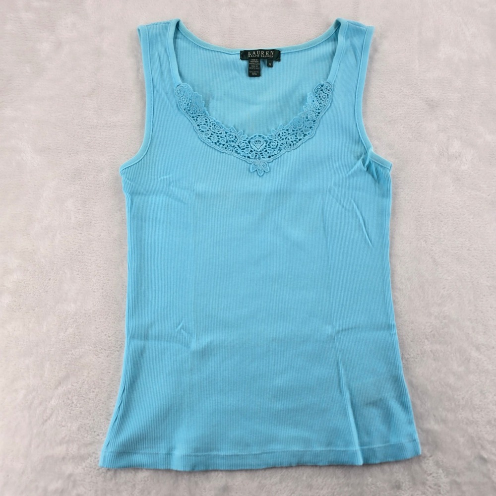 Lauren Ralph Lauren Tank Top Medium Blue Ribbed Lace Trim V-Neck Sleeveless